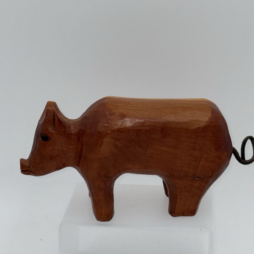 Vintage Hand‎ Carved Wood Pig Folk Art Figurine 7" Signed AB Rustic Farmhouse
